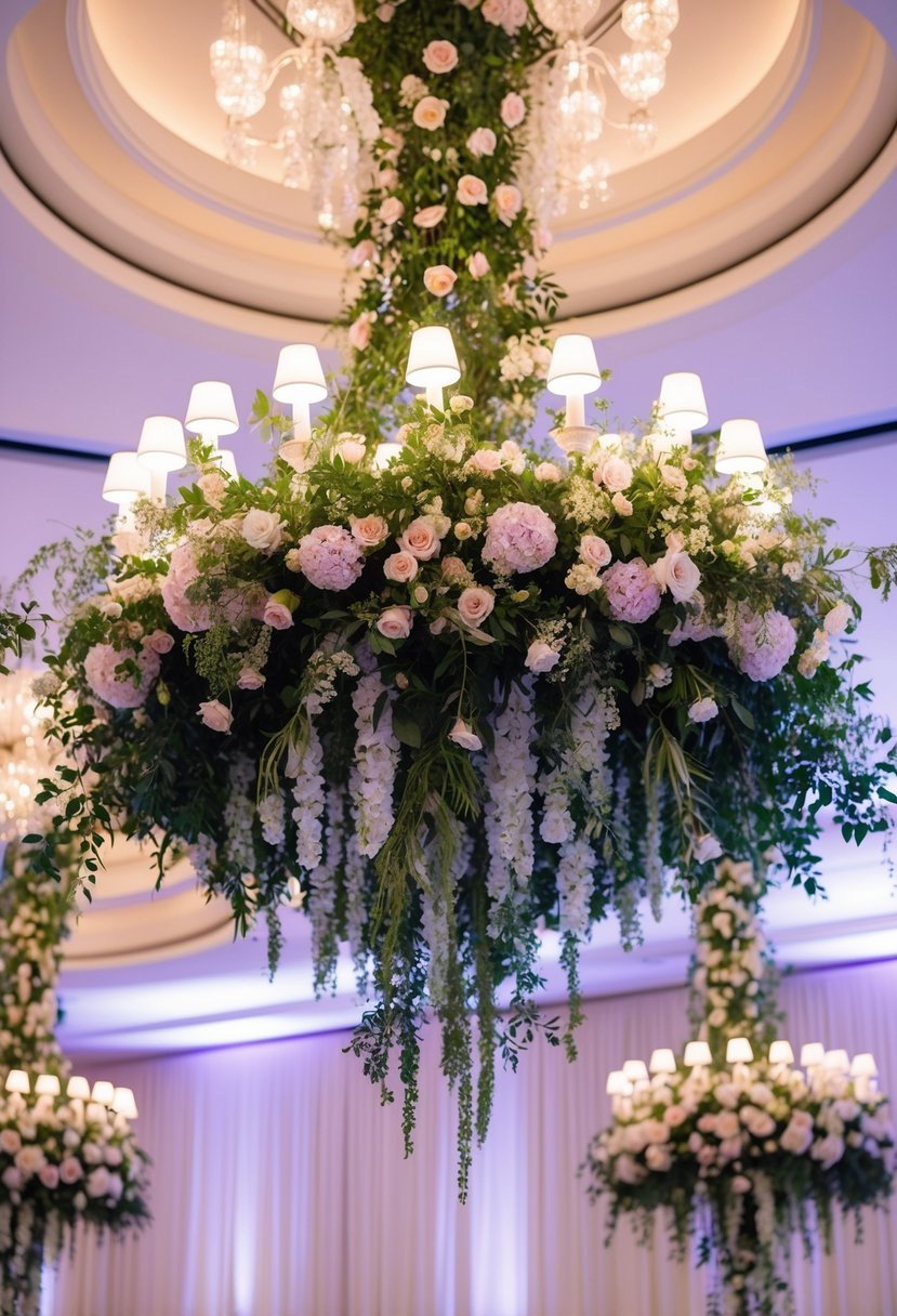 A grand floral chandelier hangs above a wedding reception, adorned with cascading blooms and lush greenery, creating a stunning focal point