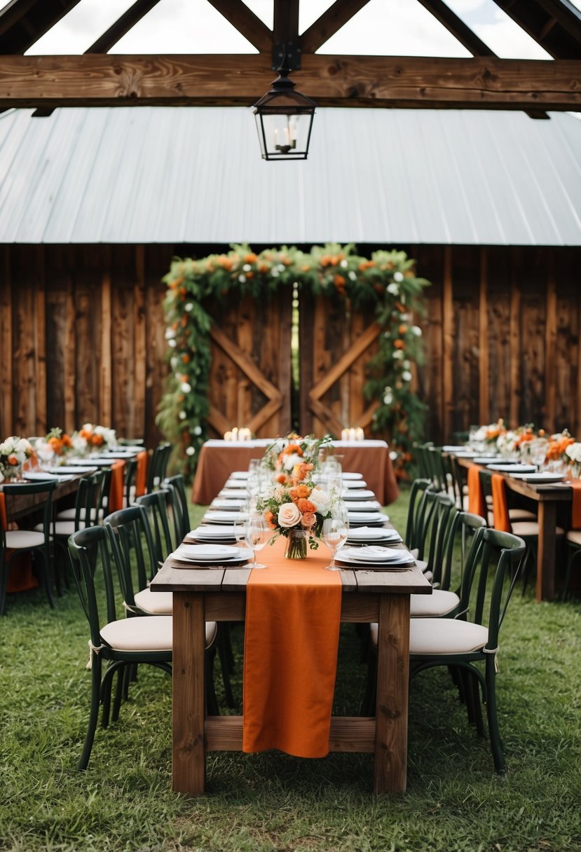 A rustic barn adorned in hunter green and rust orange wedding decor