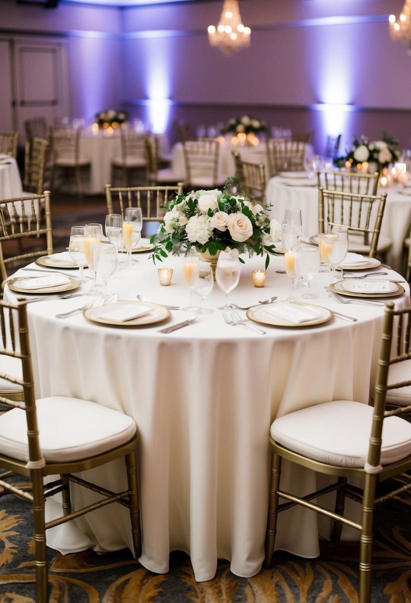 A classic round table adorned with a floral centerpiece, surrounded by elegant chairs, set in a tastefully decorated wedding reception venue