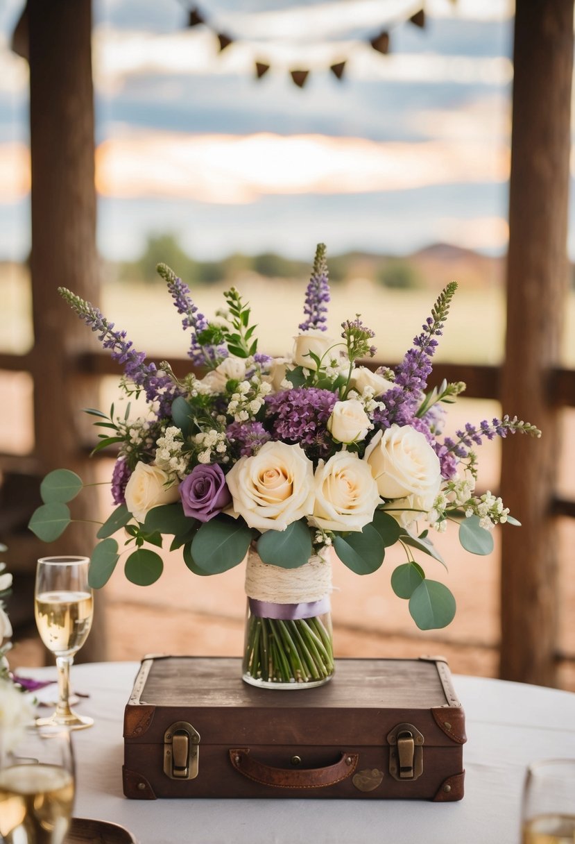 A cream and lavender fusion western wedding scene with floral arrangements and rustic decor