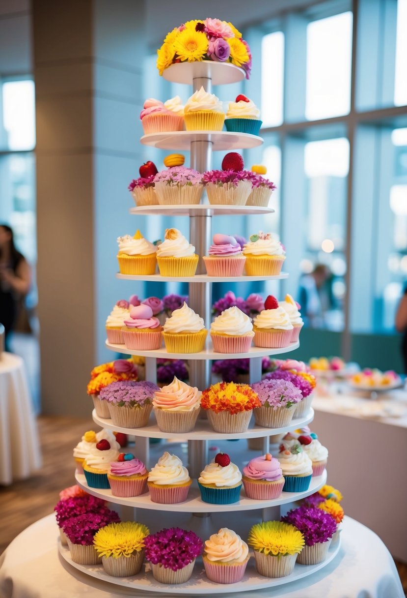 A towering display of colorful dessert-themed flowers arranged in a tiered stand, with luscious blooms resembling cupcakes, macarons, and other sweet treats