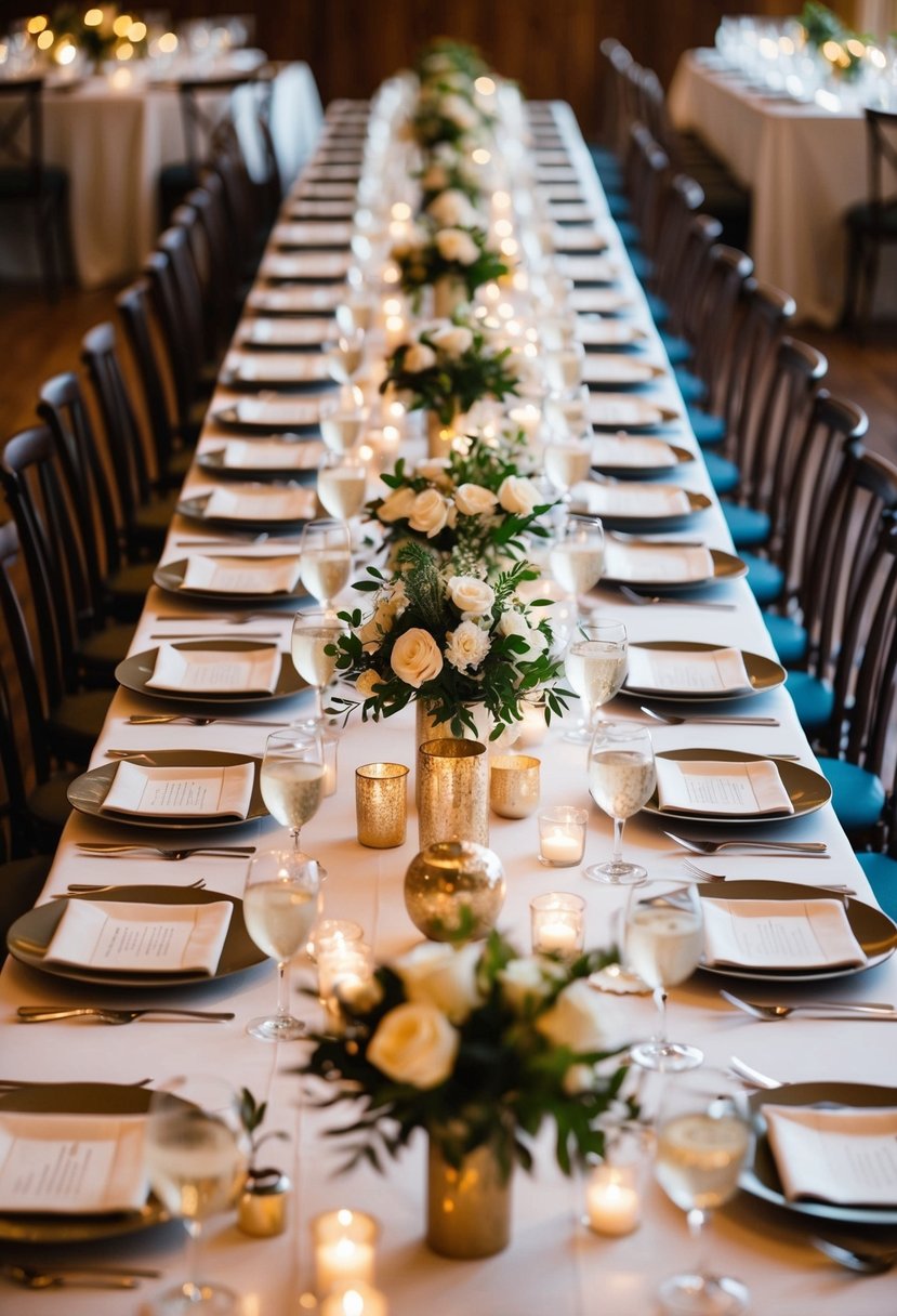 Long banquet tables arranged in a communal setting, adorned with elegant place settings and centerpieces, creating a warm and inviting atmosphere for a wedding celebration