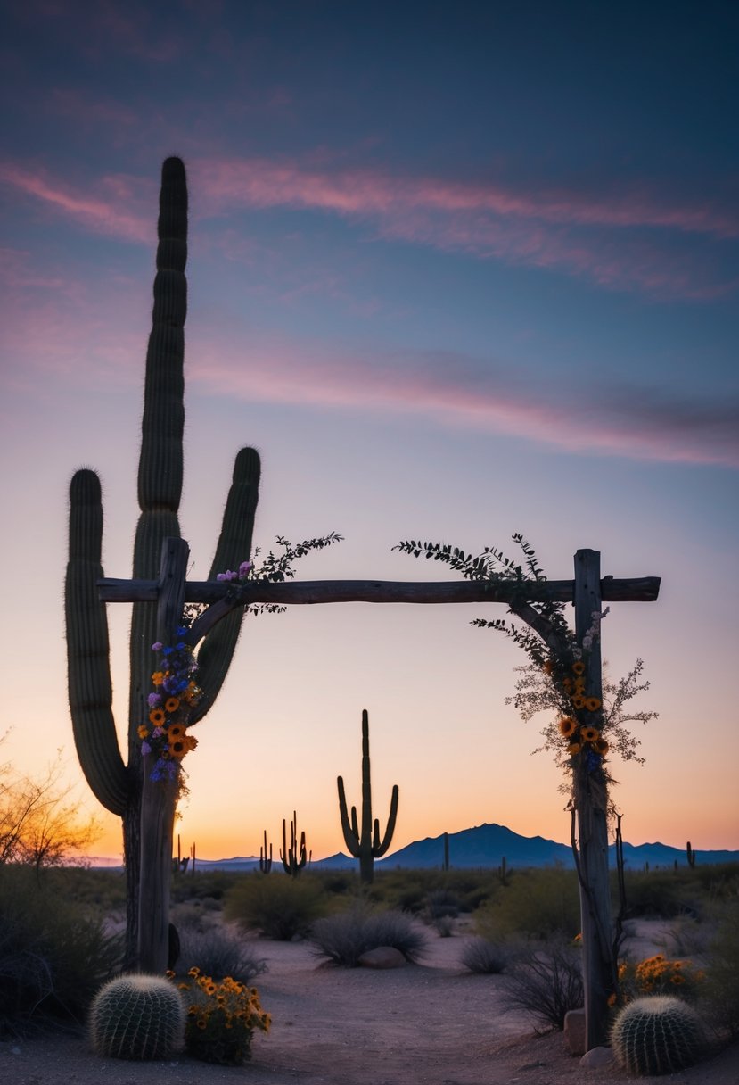 A desert sunset with mauve and slate blue hues, cacti silhouettes, and a rustic wooden arch adorned with wildflowers