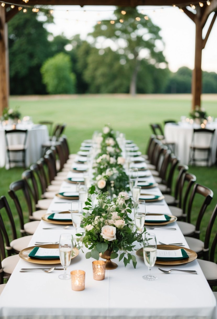 A horseshoe-shaped wedding table set in an open atmosphere with greenery and floral centerpieces