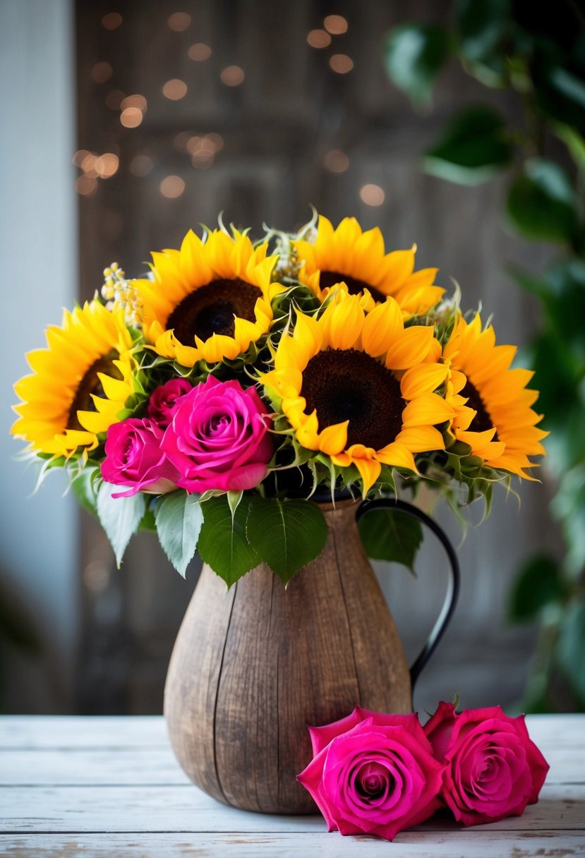 A vibrant arrangement of sunflowers and roses in a rustic wooden vase