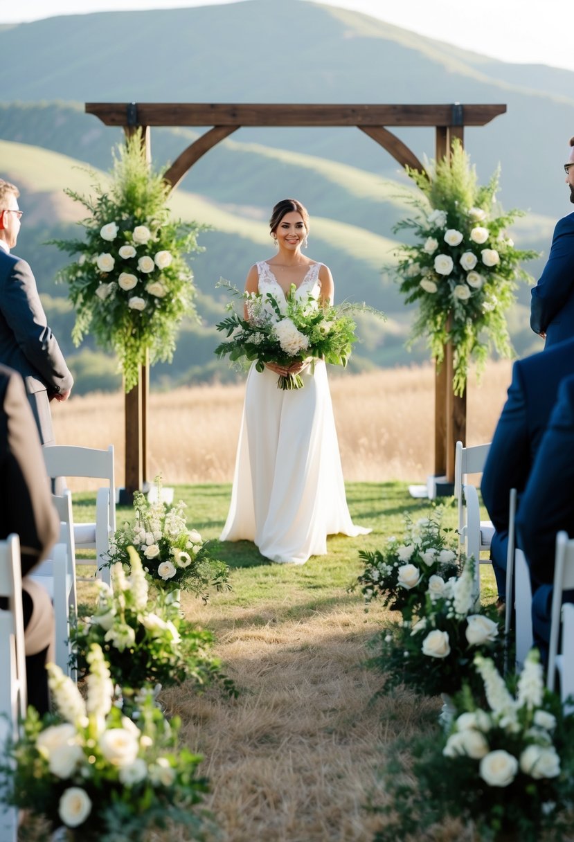 An outdoor wedding ceremony with olive green and ivory floral arrangements, set against a backdrop of rolling hills and a rustic wooden archway