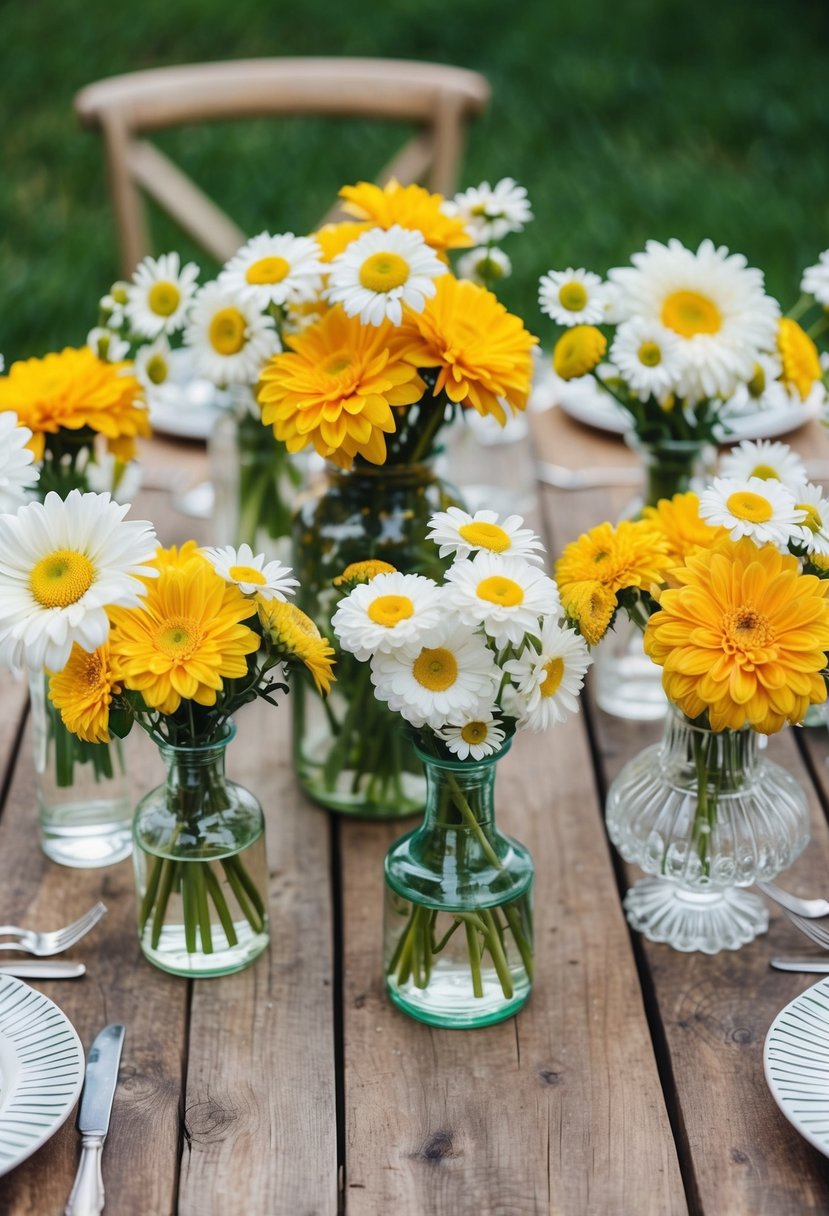 A rustic wooden table adorned with daisies and dahlias in various glass vases, creating a charming and elegant wedding floral display