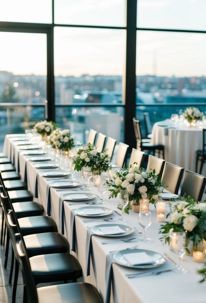 A sleek wedding table layout with rectangular tables arranged in a modern design