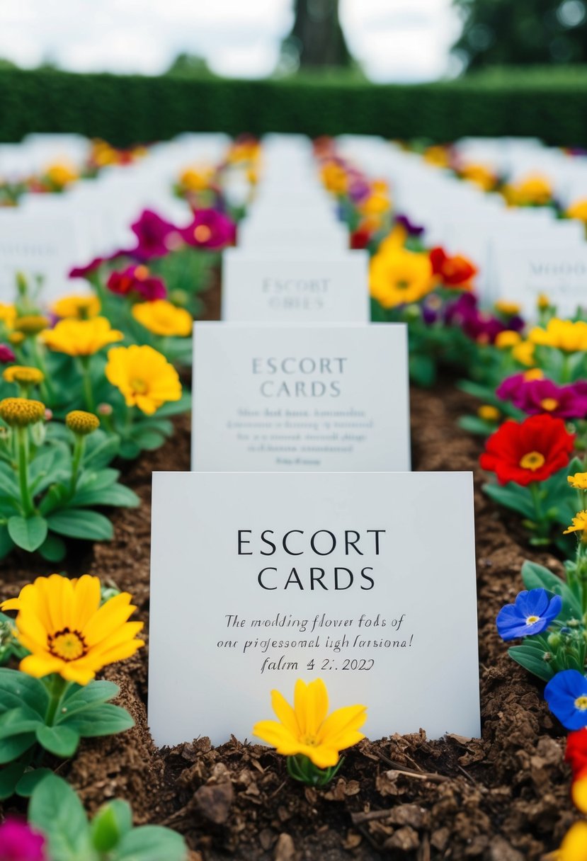 Escort cards nestled among vibrant flower beds at a wedding, creating a beautiful and functional display