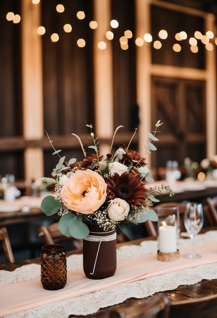 A chocolate brown and soft peach western wedding scene with rustic decor and floral arrangements