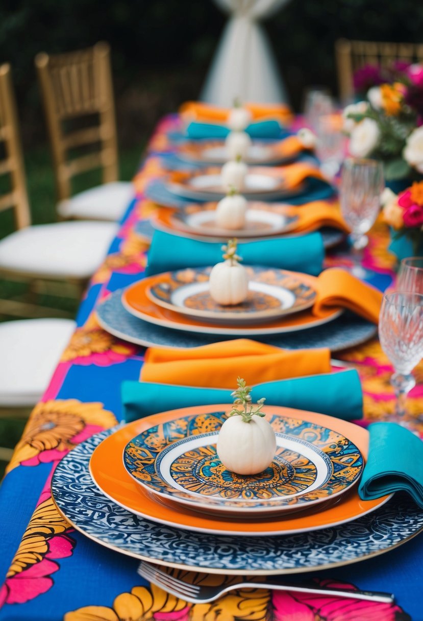 A table set with a mix of bold and intricate patterns in plates, napkins, and tablecloth, creating a vibrant and artistic wedding table layout