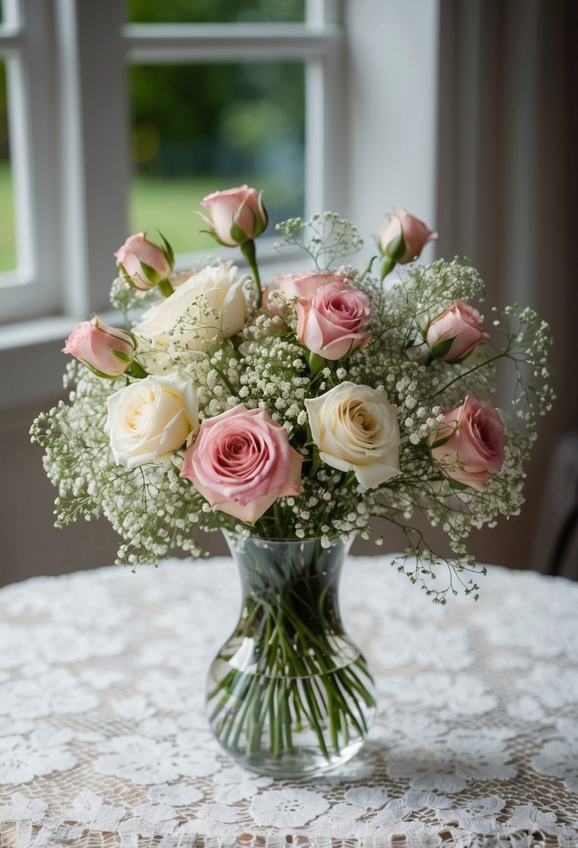 A beautiful bouquet of spray roses and baby's breath arranged in a glass vase on a lace-covered table