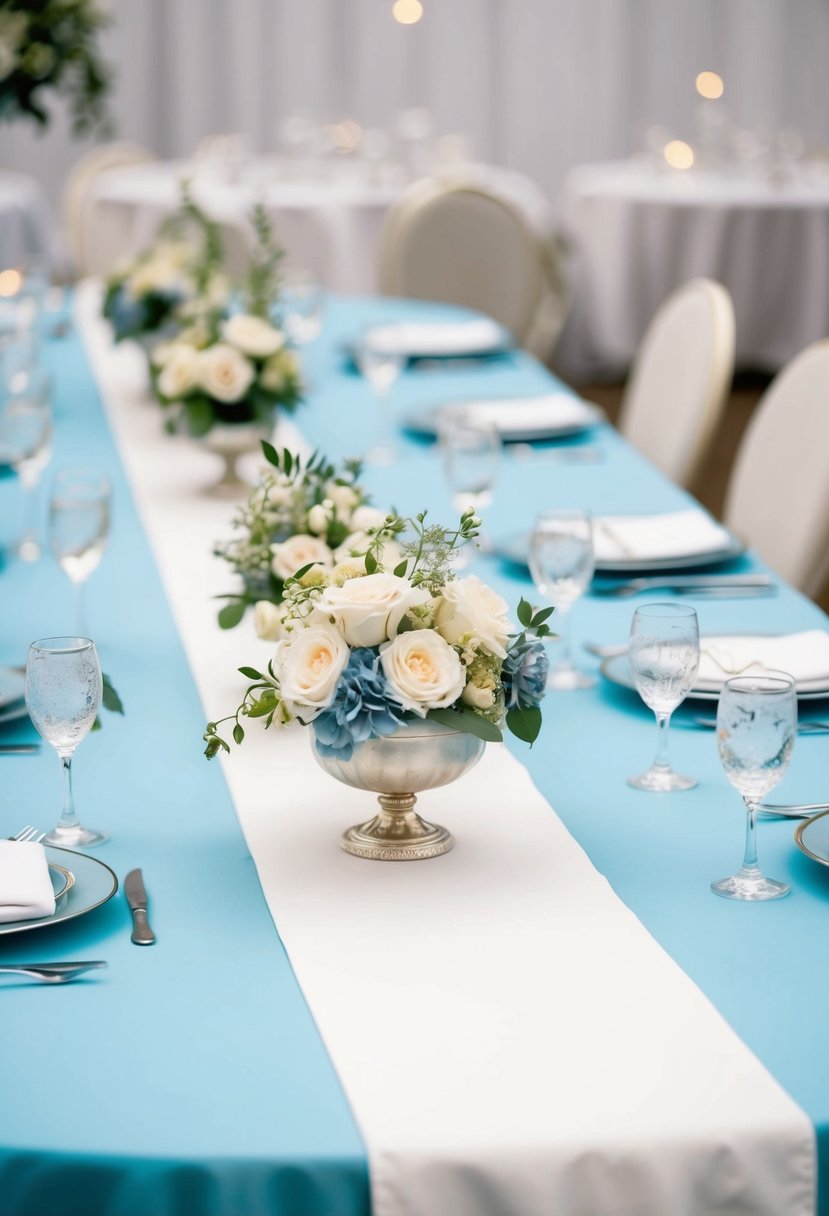 A light blue tablecloth with white runners, adorned with delicate floral centerpieces and silver accents