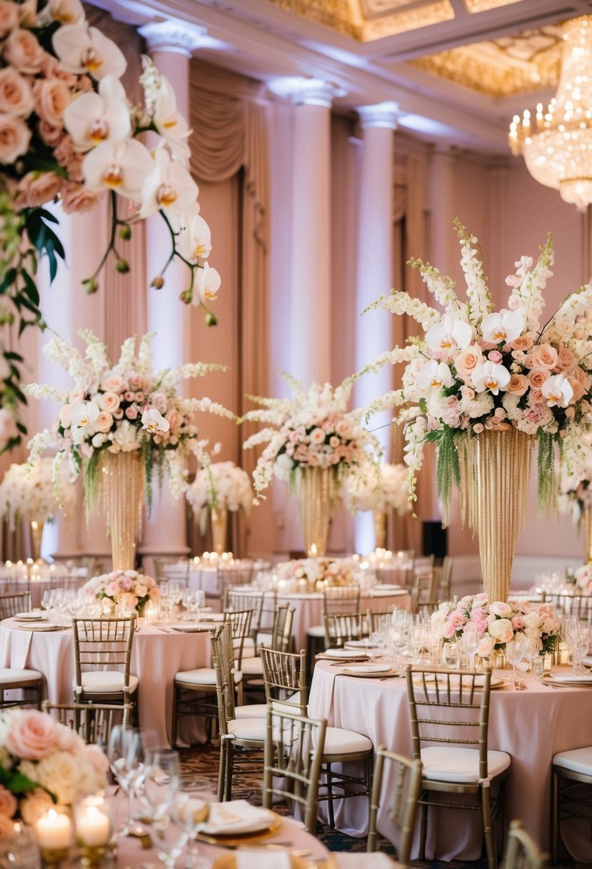 A grand ballroom adorned with opulent floral arrangements in shades of blush, ivory, and gold, featuring cascading orchids and towering centerpieces