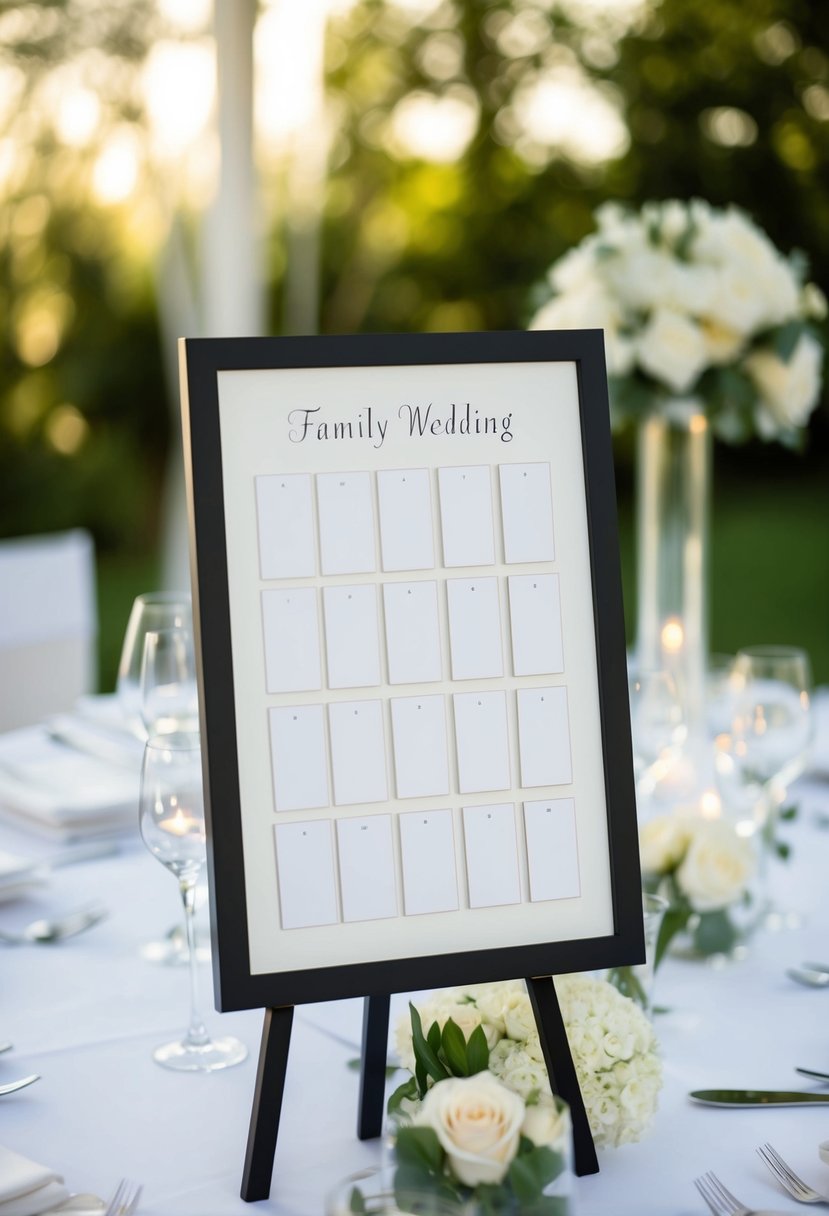 A seating chart with small rectangles arranged in a grid for a family wedding table layout