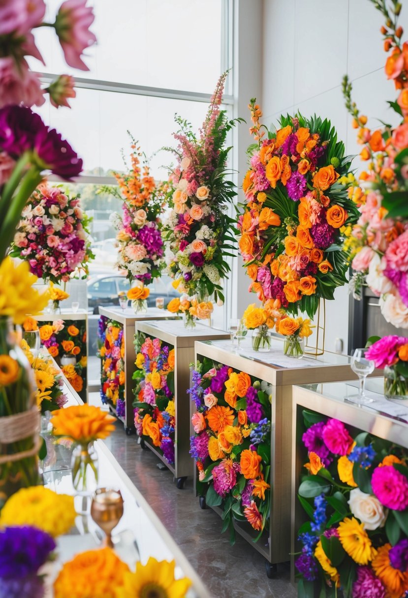 A colorful array of interactive flower bars, each with unique blooms and arrangements, creating a vibrant and captivating wedding floral display