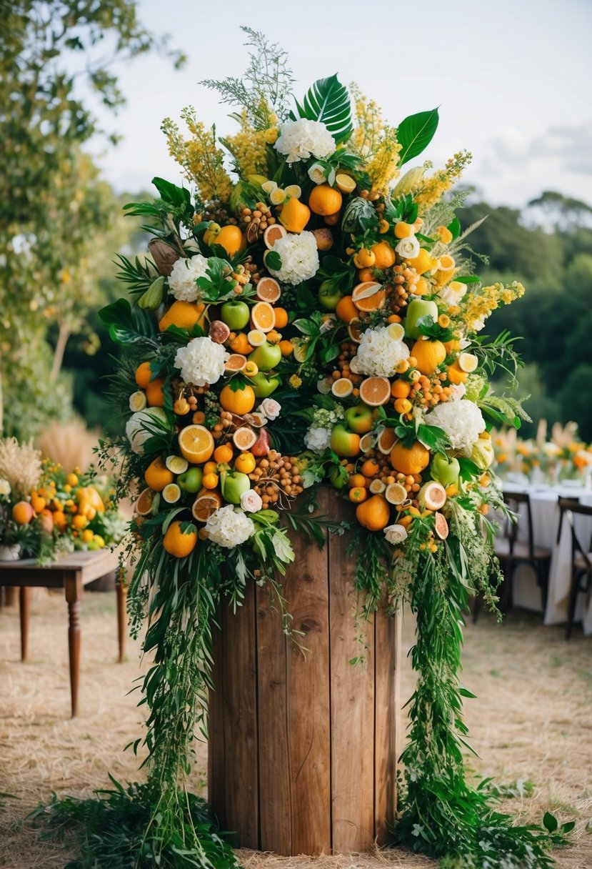 A lush arrangement of natural flowers and fresh fruits cascading from a rustic wooden stand, creating a vibrant and organic wedding display