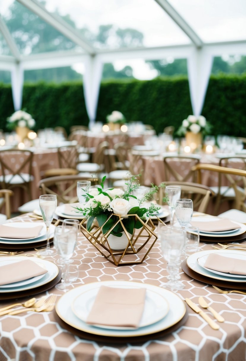 A wedding table with honeycomb patterned tablecloth, geometric centerpieces, and matching place settings