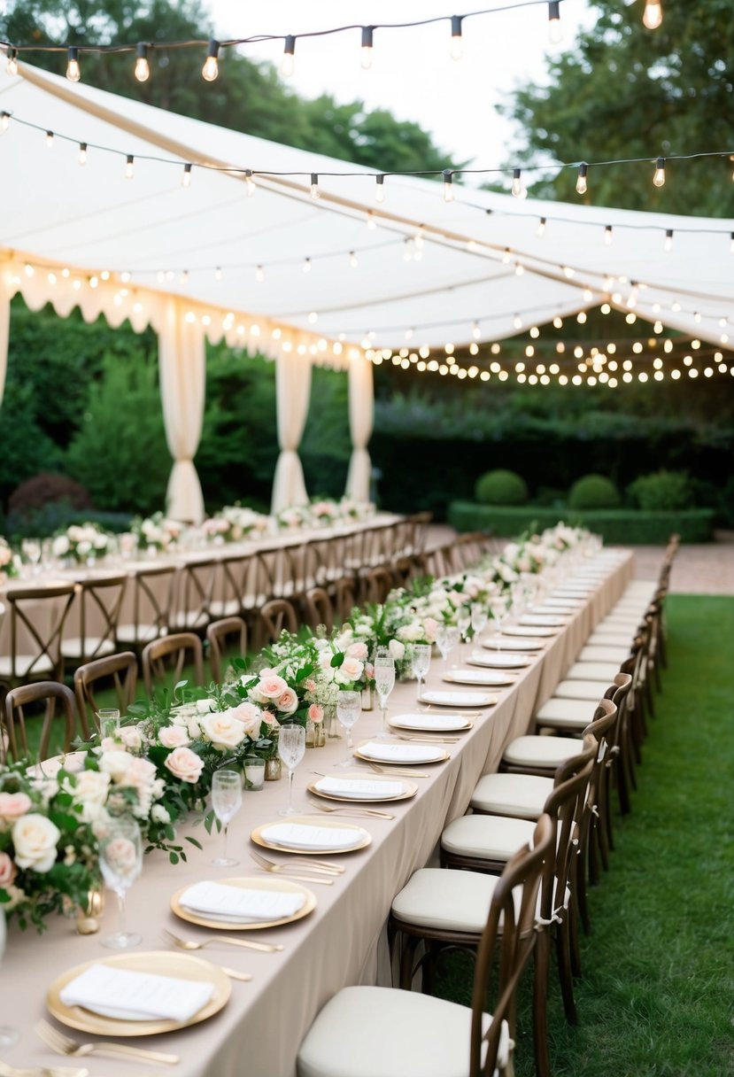 A marquee wedding with long tables set in a lush garden, adorned with elegant floral centerpieces and twinkling string lights overhead