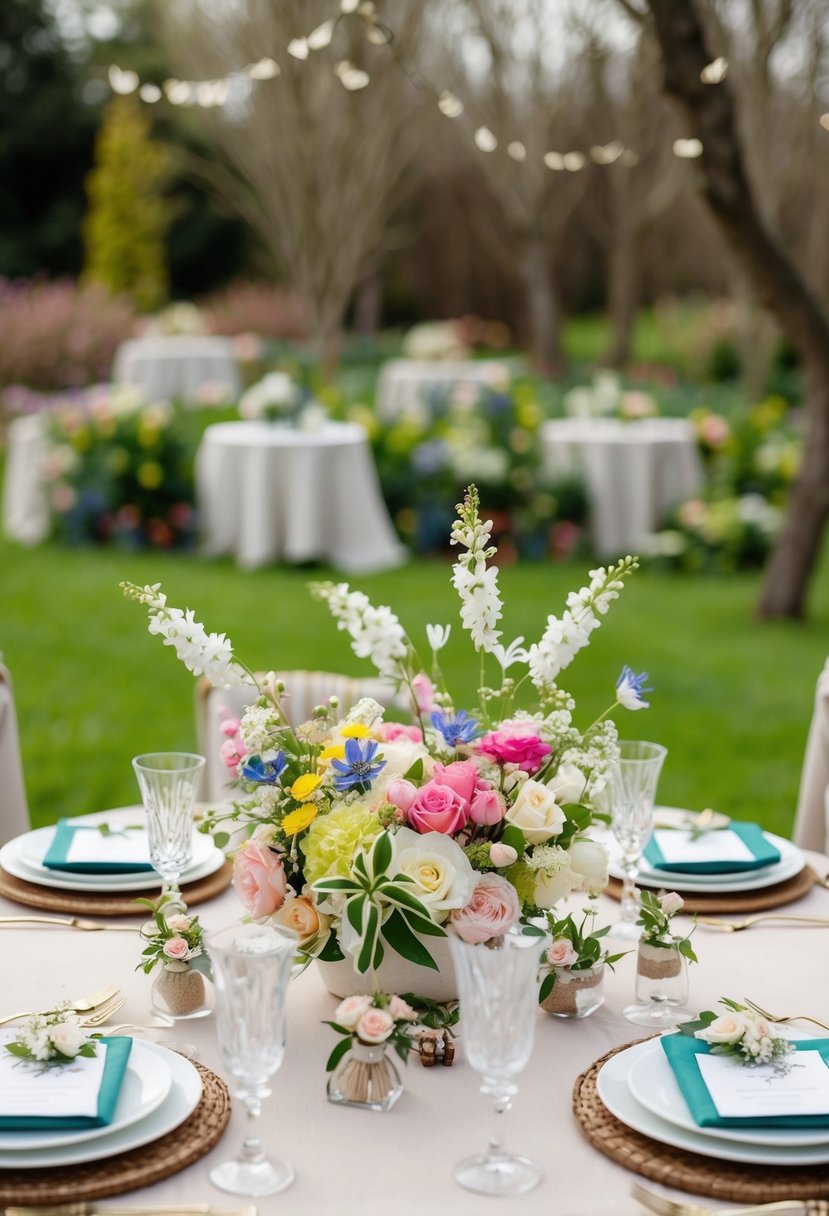 A garden table adorned with floral-themed wedding favors and delicate spring decorations