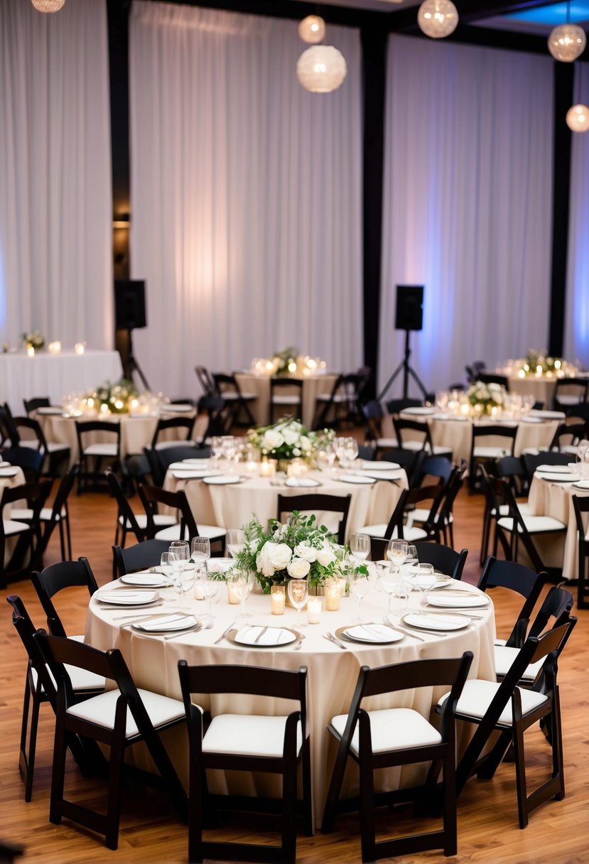 Tables arranged in a spacious and inviting layout, allowing for comfortable seating and efficient service at a wedding reception