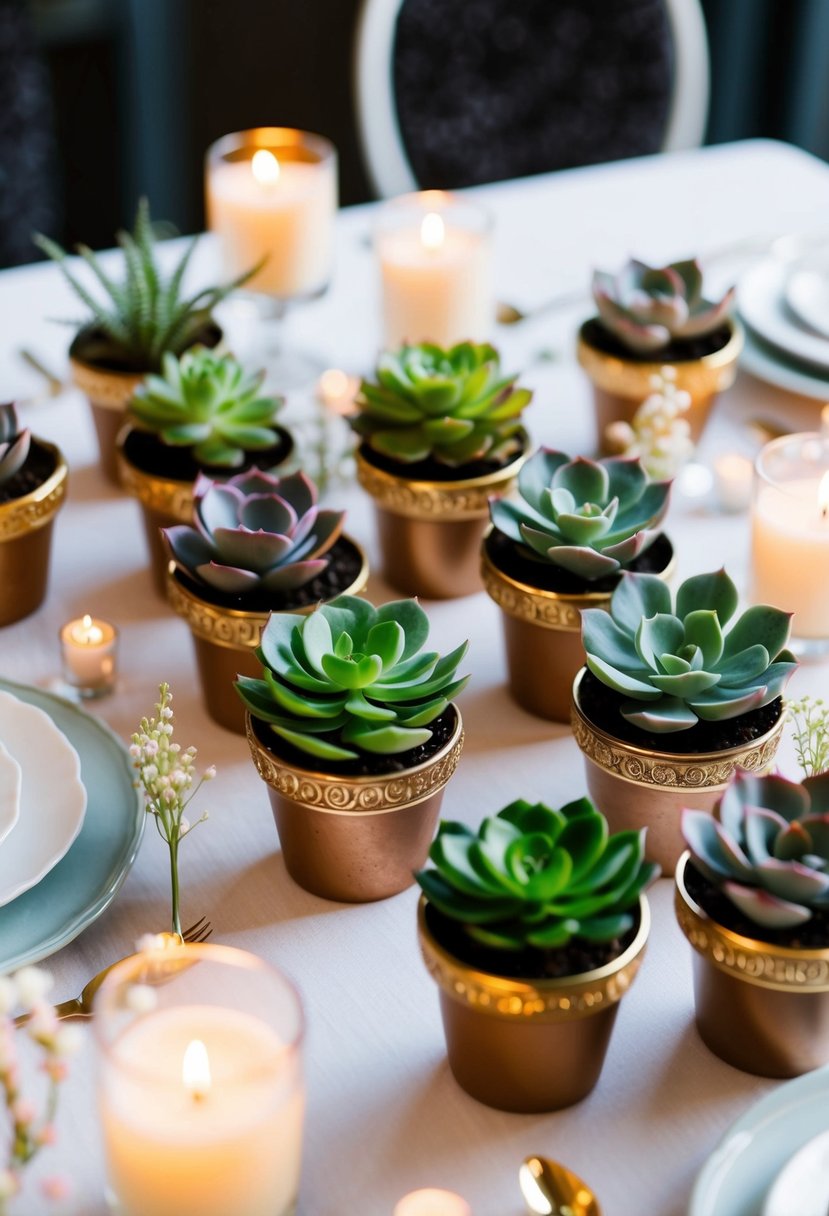 A table adorned with mini succulent plants arranged in decorative pots, surrounded by delicate floral accents and soft candlelight