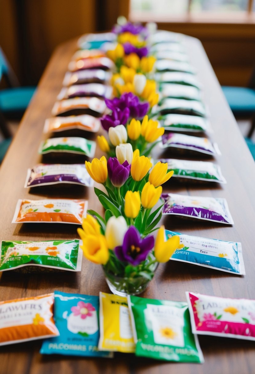 A table adorned with colorful flower seed packets, arranged as spring wedding favors