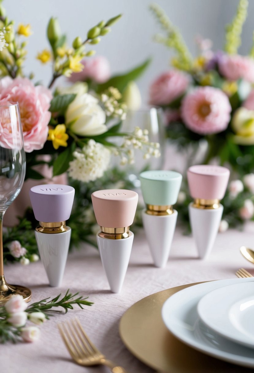 A table set with personalized wine stoppers in pastel colors, surrounded by floral arrangements and delicate spring decor