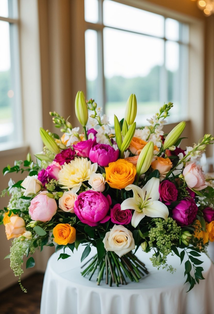 A table adorned with an array of colorful flowers, including roses, peonies, and lilies, arranged in a beautiful and elegant wedding bouquet display