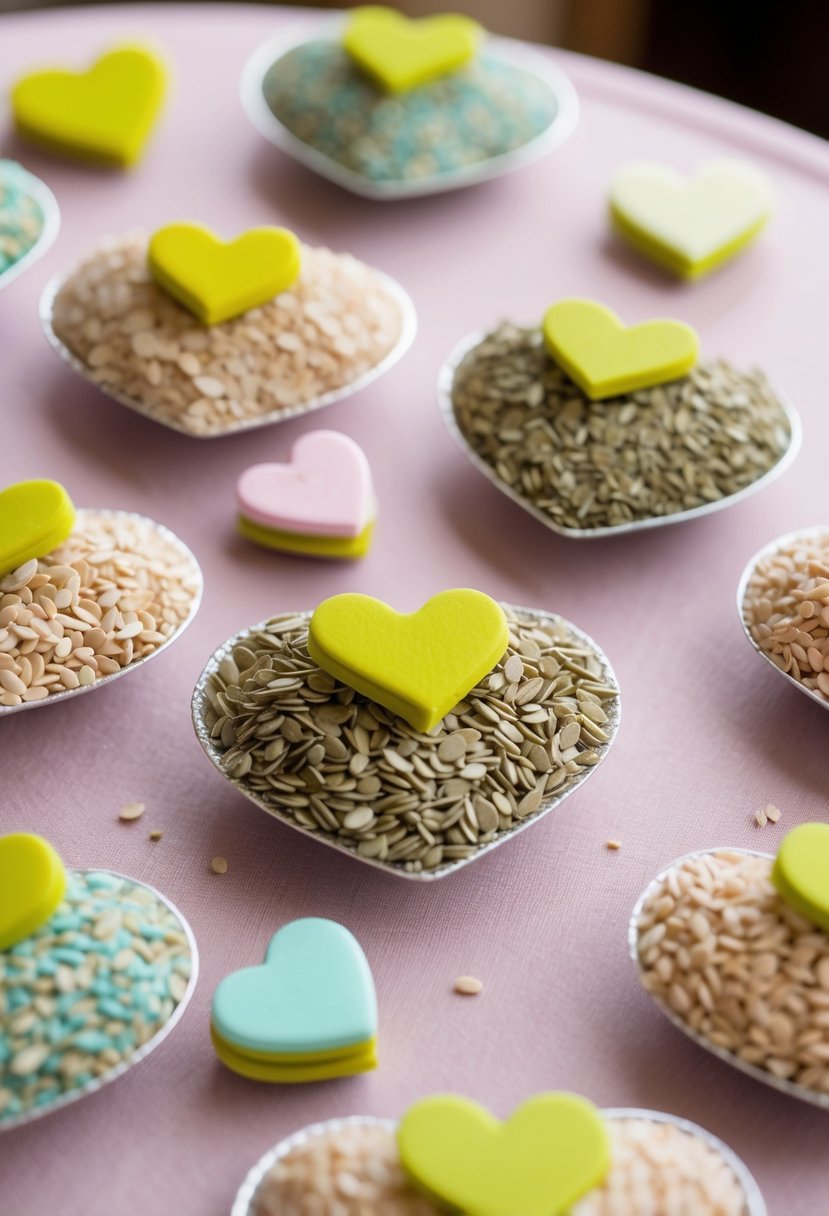 A table adorned with delicate bird seed hearts in pastel colors, arranged as spring wedding favors