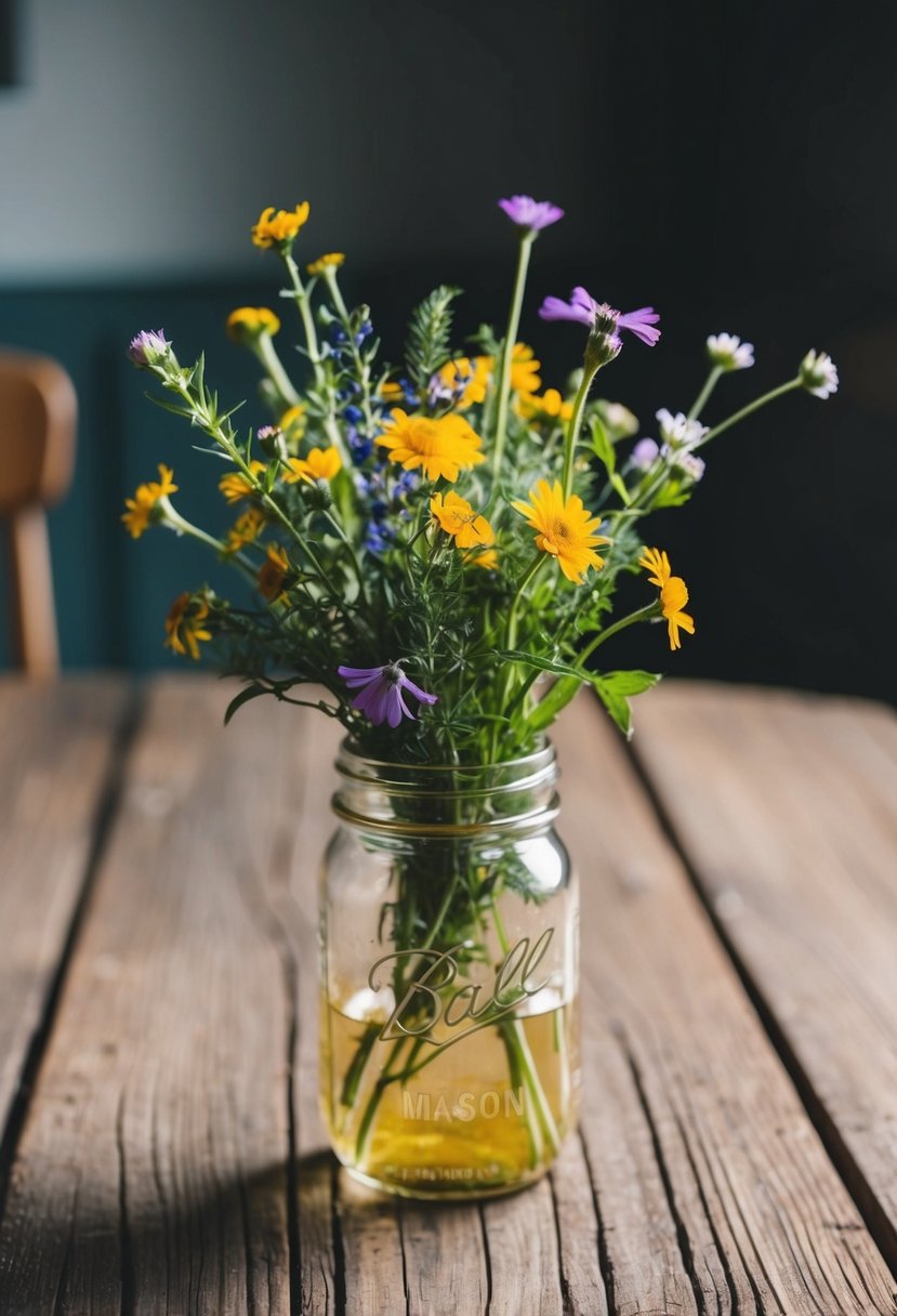 A small bouquet of wildflowers in a mason jar on a rustic wooden table