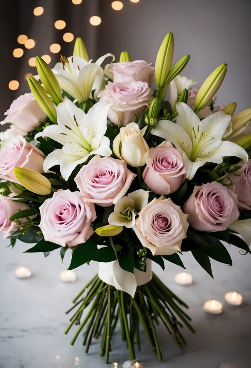 A lush bouquet of delicate roses and lilies, arranged in an elegant and romantic style