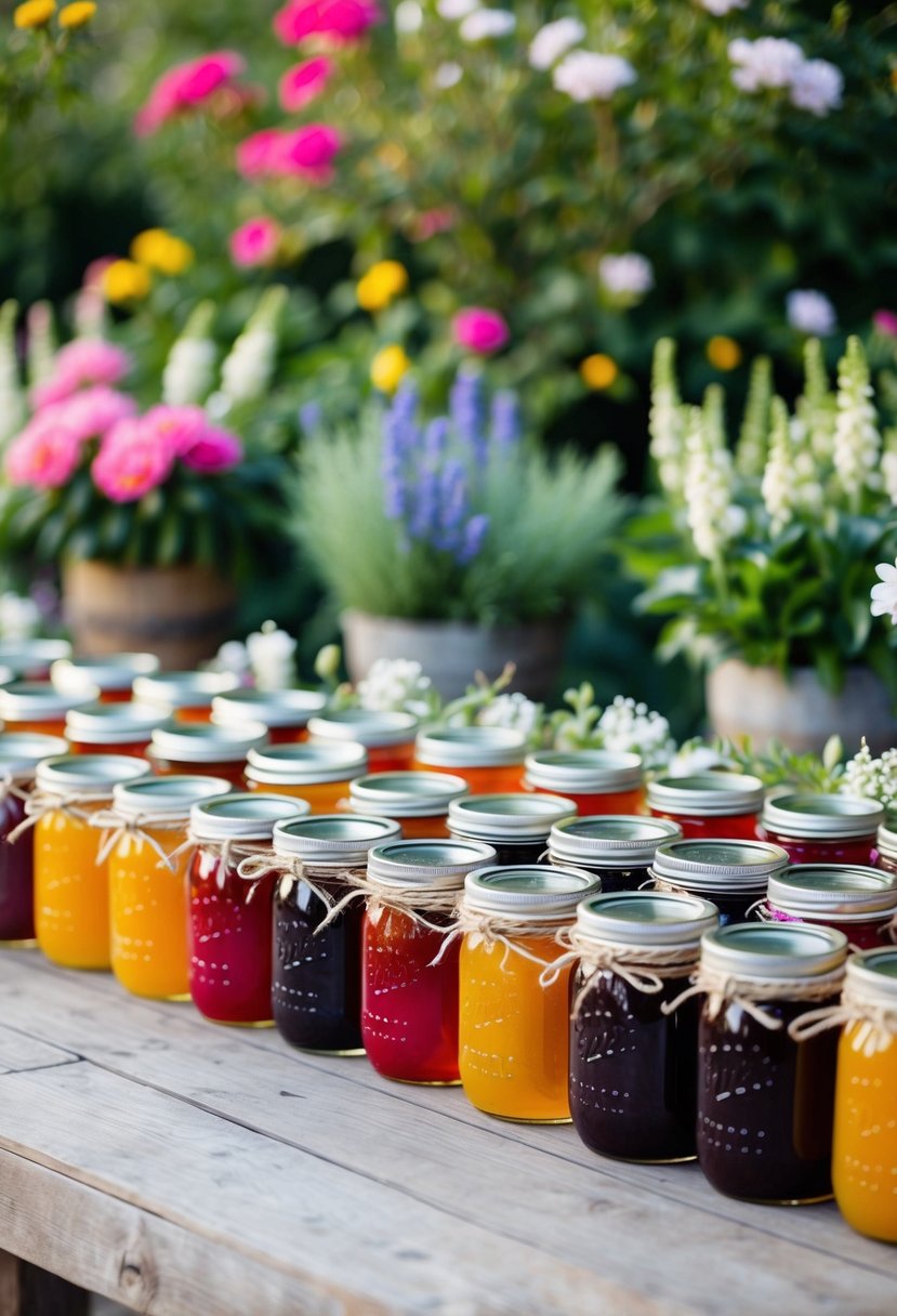 A rustic table with rows of colorful homemade jam jars, adorned with twine and floral accents, set against a backdrop of blooming flowers and greenery