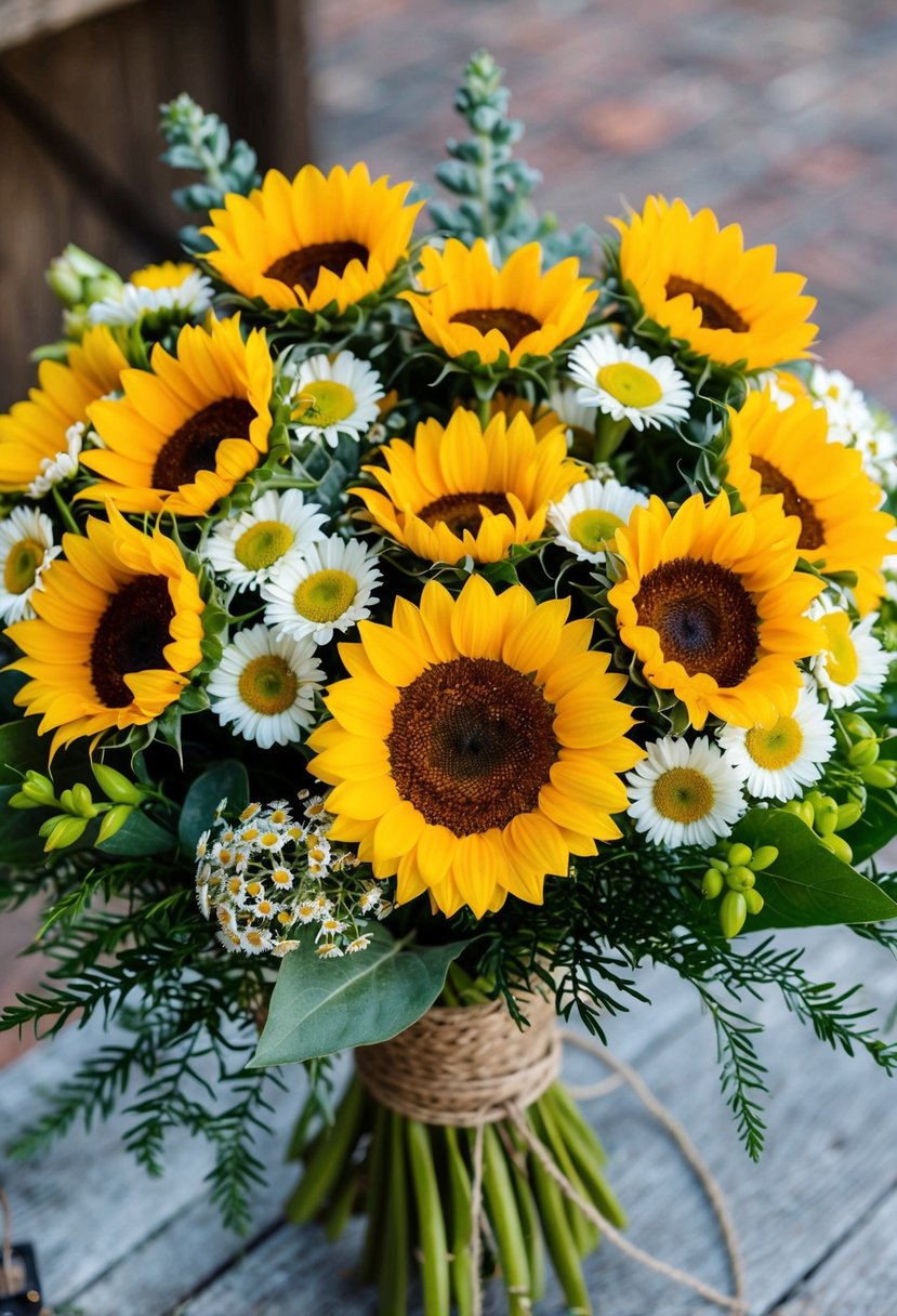 A vibrant bouquet of sunflowers and daisies, arranged in a rustic, hand-tied style with greenery and twine