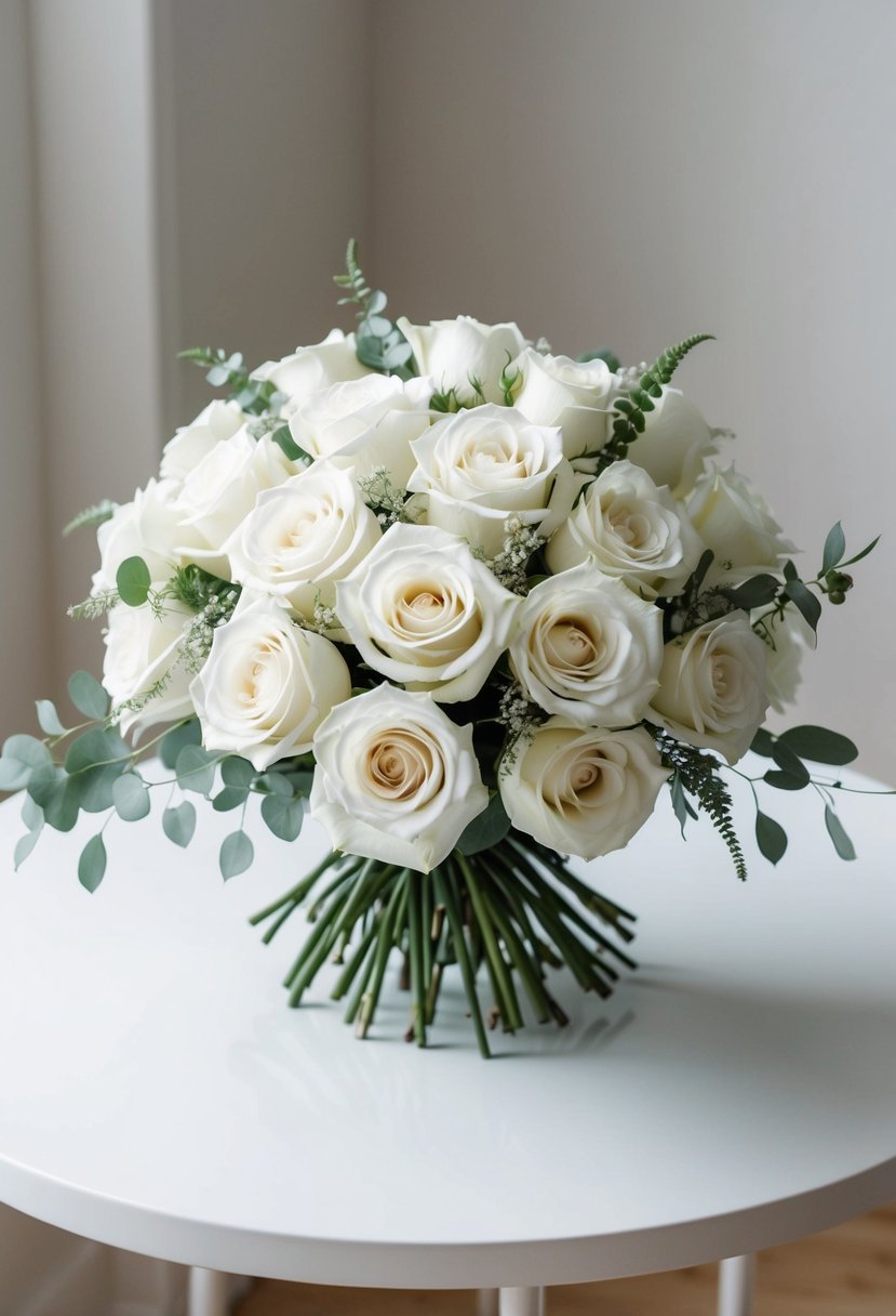 A pristine white rose bouquet, elegantly arranged with delicate green foliage, sits atop a clean, white table