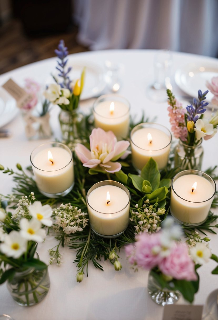 A table adorned with eco-friendly soy candles, surrounded by delicate spring flowers, set as wedding favors