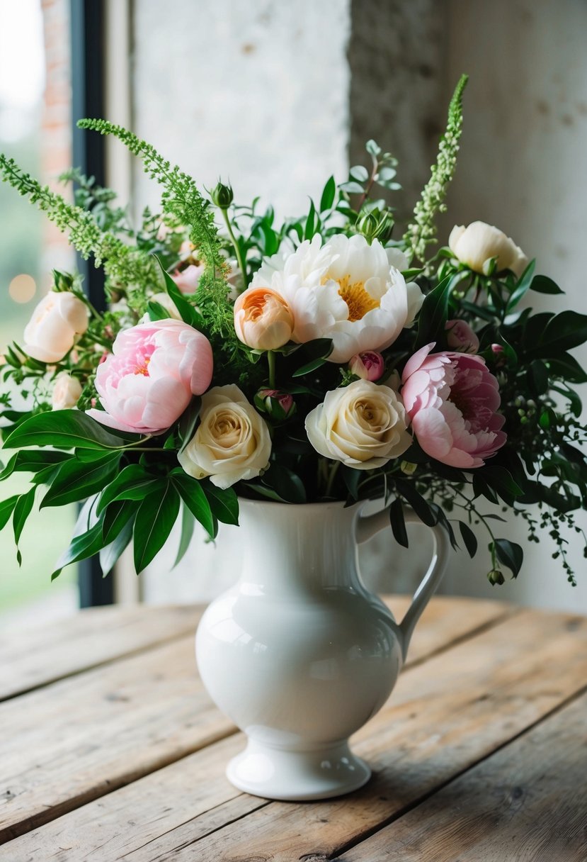 A lush arrangement of peonies, roses, and greenery in a white ceramic vase on a rustic wooden table