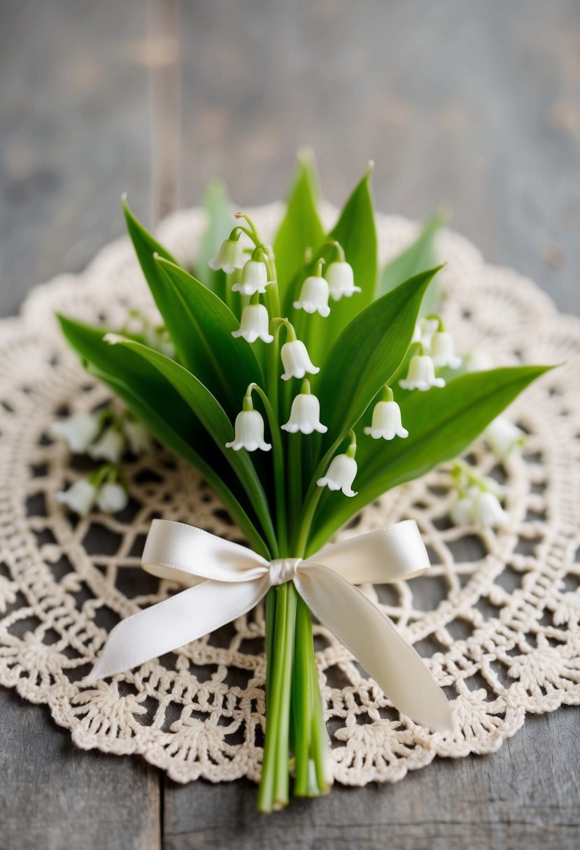 A small, delicate arrangement of Lily of the Valley tied with a satin ribbon, resting on a vintage lace doily