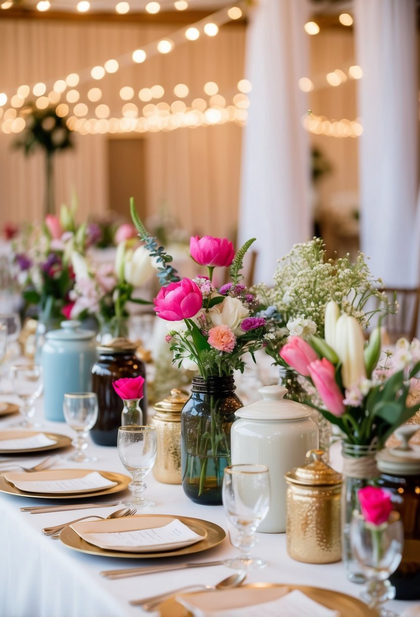 A table adorned with assorted tea jars, flowers, and wedding decor