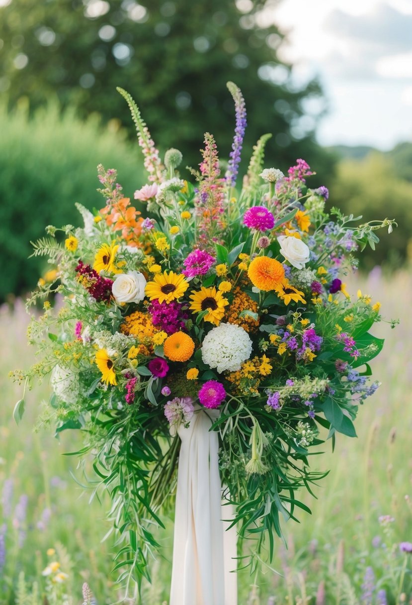 A vibrant burst of wildflowers arranged in a cascading wedding bouquet, featuring a mix of colorful blooms and greenery