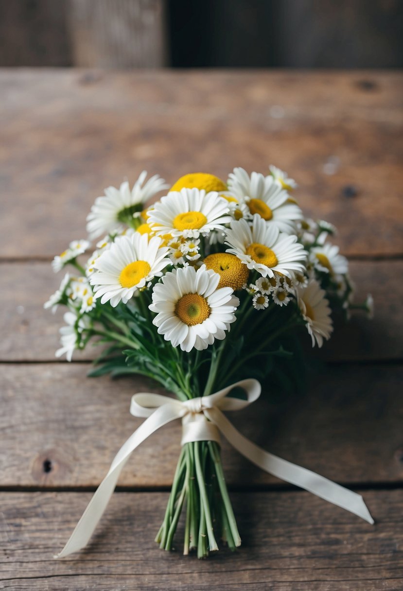 A small, delicate bouquet of daisies and posies tied with a ribbon, resting on a rustic wooden table