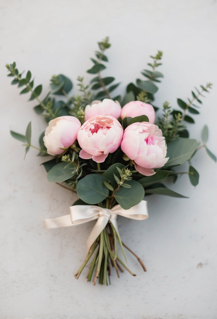 A small bouquet of pink peonies and green eucalyptus, tied with a simple ribbon