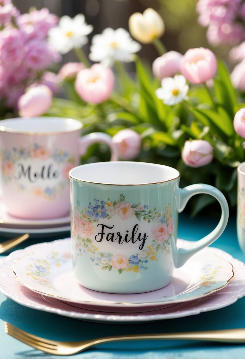 A table set with personalized mugs in pastel colors, adorned with delicate floral patterns, surrounded by blooming spring flowers