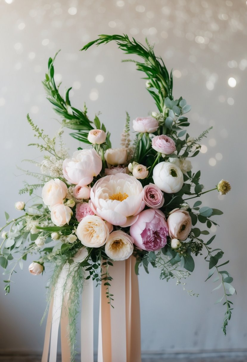 A soft, pastel blend of roses, peonies, and ranunculus arranged in a flowing, organic shape with delicate greenery and trailing ribbons