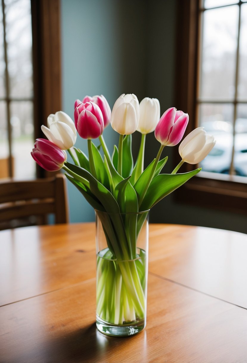 A simple wedding bouquet of pink and white tulips in a clear glass vase on a wooden table