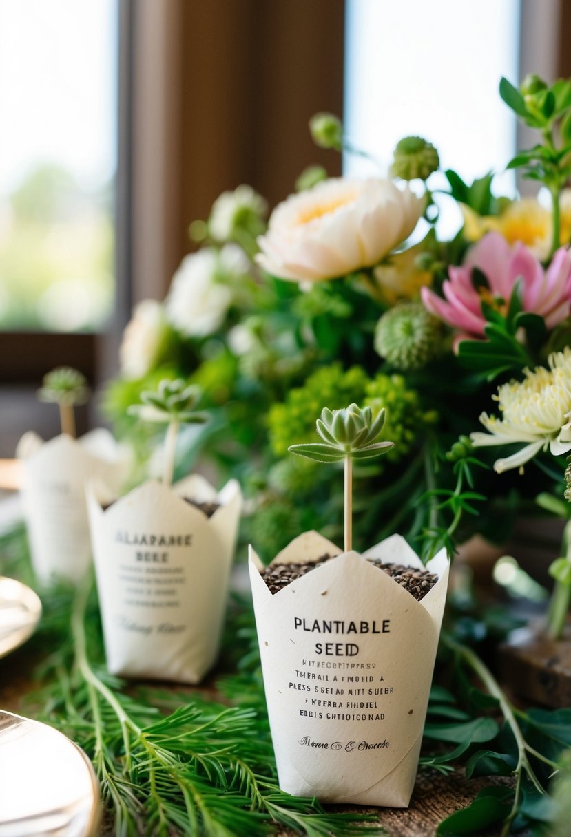 A table adorned with plantable seed paper wedding favors, surrounded by blooming flowers and greenery