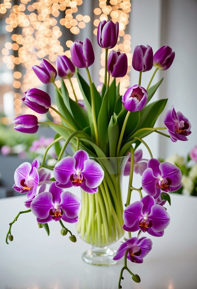 A vibrant bouquet of tulips and orchids arranged in a delicate, cascading design