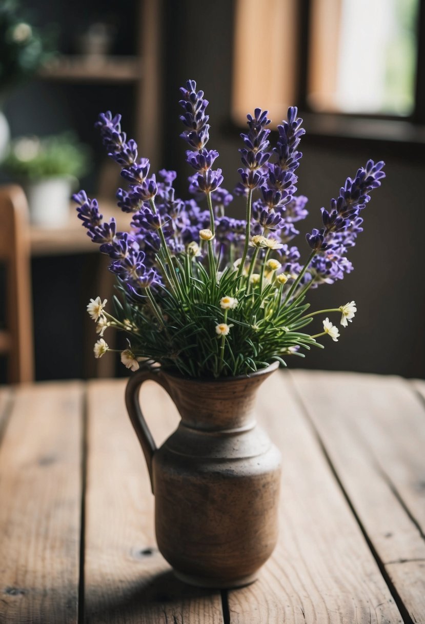 A small bouquet of lavender and wildflowers in a rustic vase on a wooden table