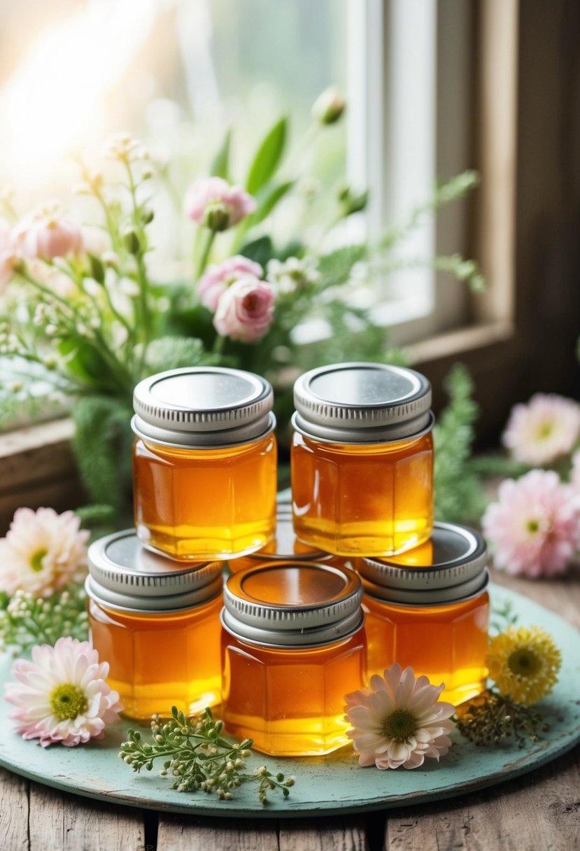 Mini honey jars arranged on a rustic wooden table, surrounded by delicate pastel flowers and greenery, with soft sunlight streaming through a window