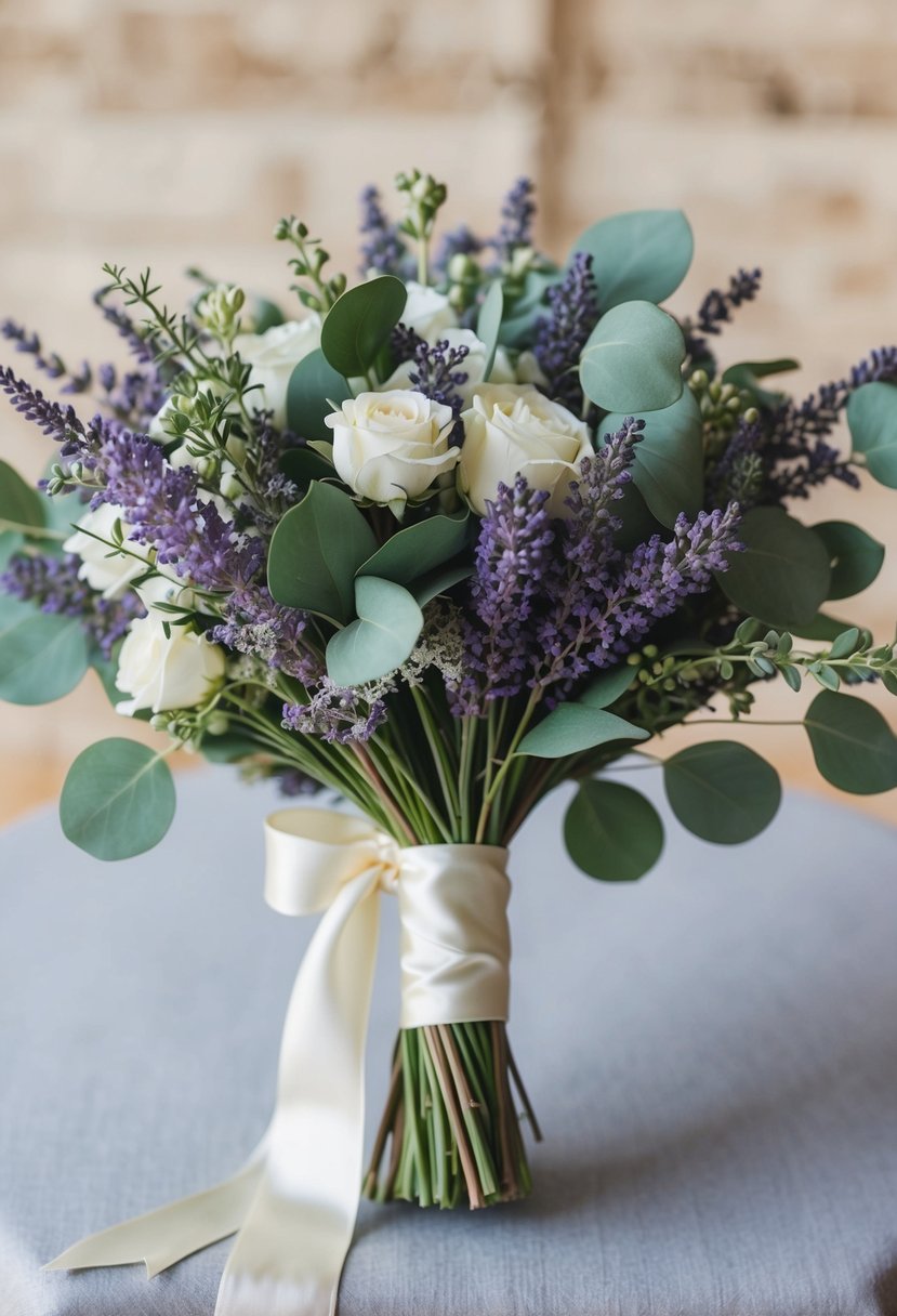 A delicate wedding bouquet featuring a mix of fragrant lavender and eucalyptus, tied with a satin ribbon